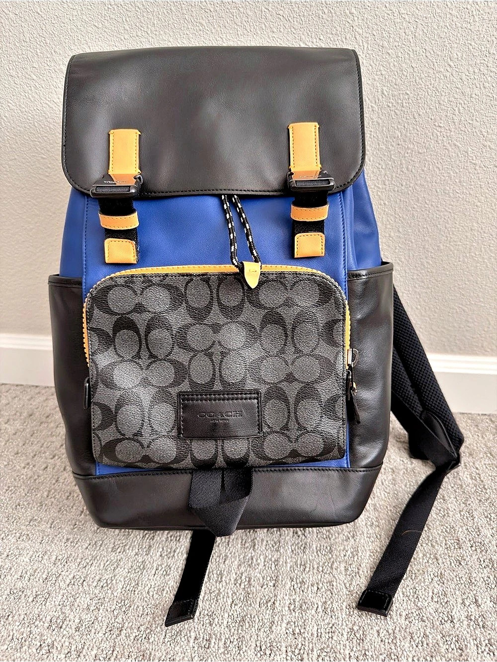 Coach League Flap Backpack In Colorblock Black & Blue